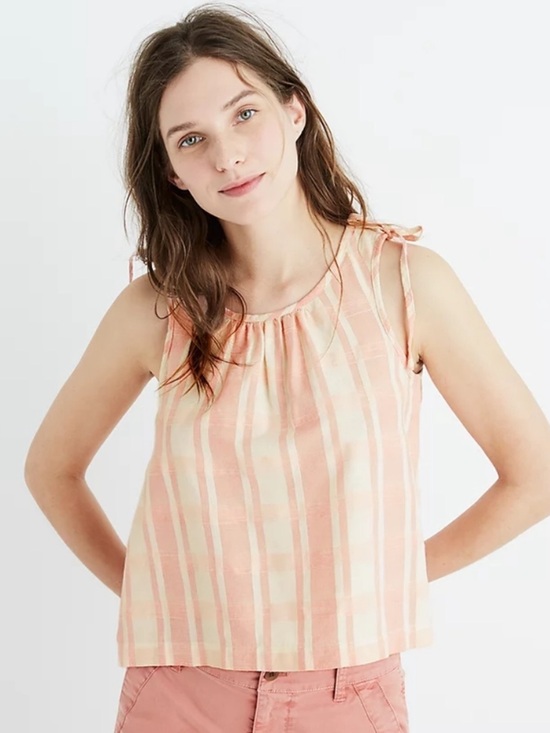 Madewell Tops - Madewell Pink Ivory Plaid Tie Shoulder Cotton Top XL